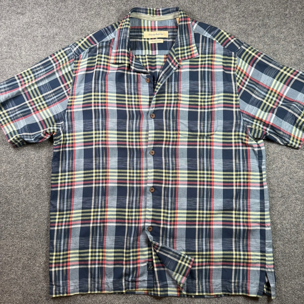 Tommy Bahama Button Up Shirt Mens Large Blue Plaid 100% Silk Original Fit Camp